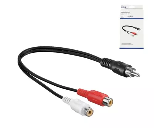 DINIC audio-video cinchkabel, 1x stekker naar 2x stopcontact, zwart, DINIC doos met Euro gat, lengte 0,20m
